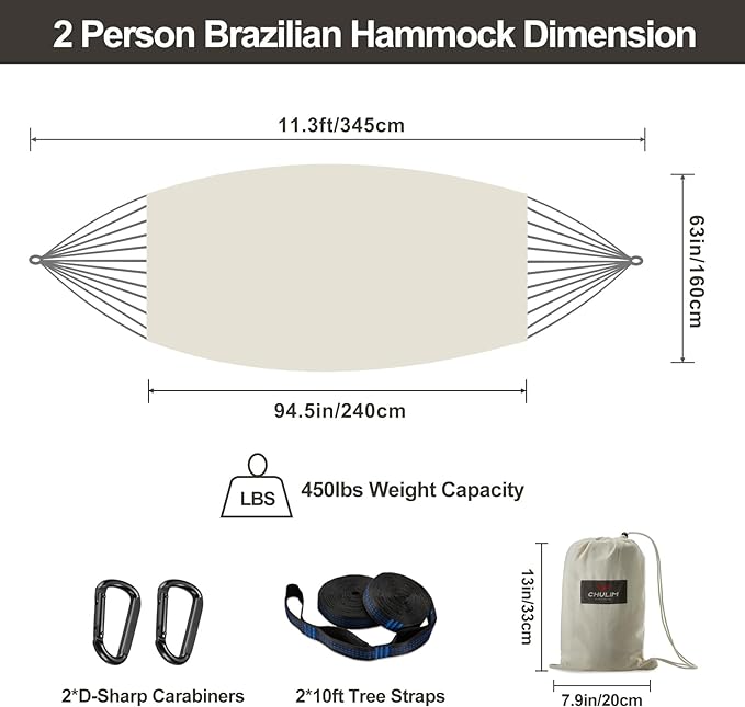 Brazilian Double Hammock with Tree Straps,Extra Large 240x160cm,2 Persons Hammock for Backyard Patio Outdoor and Indoor,450lbs Weight Capacity,Soft Woven Cotton Fabric Natrual White