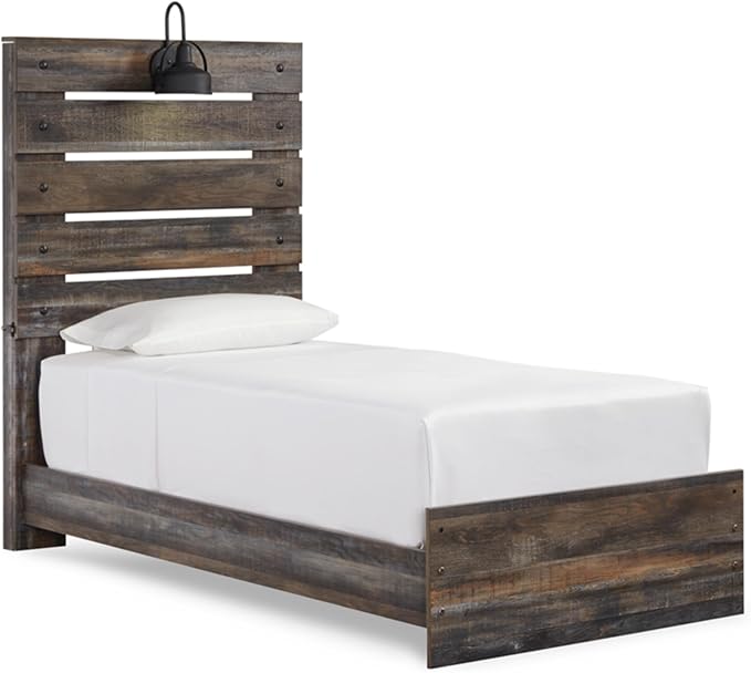 Signature Design by Ashley Drystan Rustic Twin Panel Bed with Sconce LED Lights, USB Ports and Nailheads, Foundation or Box Spring Needed, Dark Brown & Gray