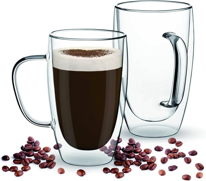 Espresso Cups Set Of 2, Double Walled Glass Coffee Mugs with Handle,Insulated Layer Coffee Cups,Clear Borosilicate Glass Mugs,Perfect for Cappuccino,Tea,Latte,Espresso (15oz-2Pack)