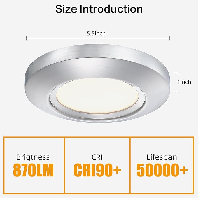 5.5 Inch Dimmable LED Disk Light, 14W 870 LM Low Profile Recessed Surface Mount Light Fixture, Round Metal Ceiling Light, Heavy Duty, 3000K Warm White, Brushed Nickel, 2 Pack