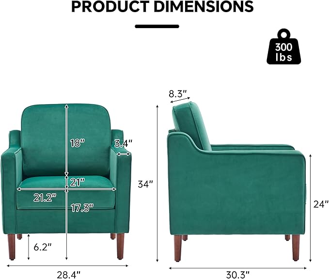 Mid Century Modern Accent Chair, Upholstered Reading Armchair for Living Room, Velvet Comfy Sofa Chair with Wood Legs for Bedroom, Office, Waiting Room, Green
