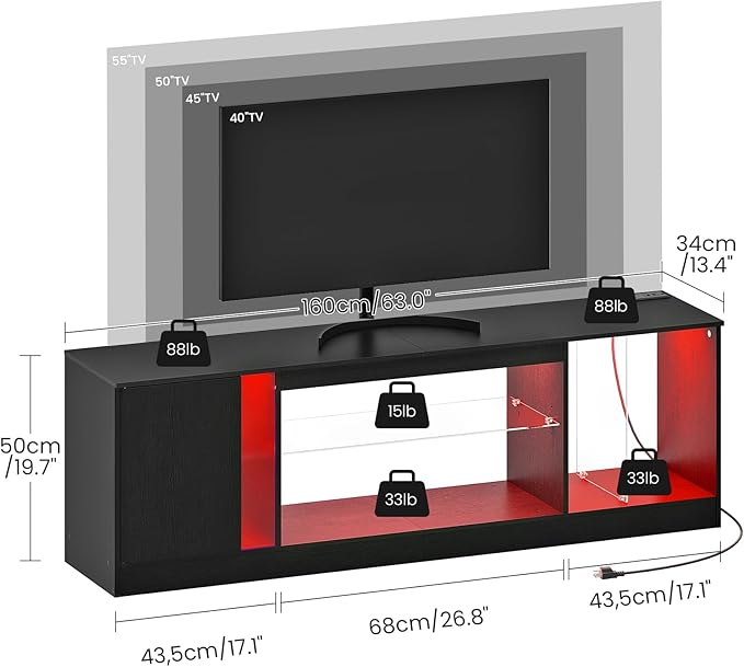 TV Stand with Power Outlets to 63 65 70inch TV, Modern Entertainment Center with Multi-Color LED Light, Media TV Console with Adjustable Glass Shelves for Living Room, Bedroom, Black MDS03UDBB