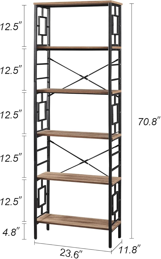 HOMISSUE Bookcase,6-Tier Tall Bookshelf Metal Bookcase and Bookshelves, Free Standing Storage Modern Bookshelf for Home Office Living Room and Bedroom, Rustic Brown