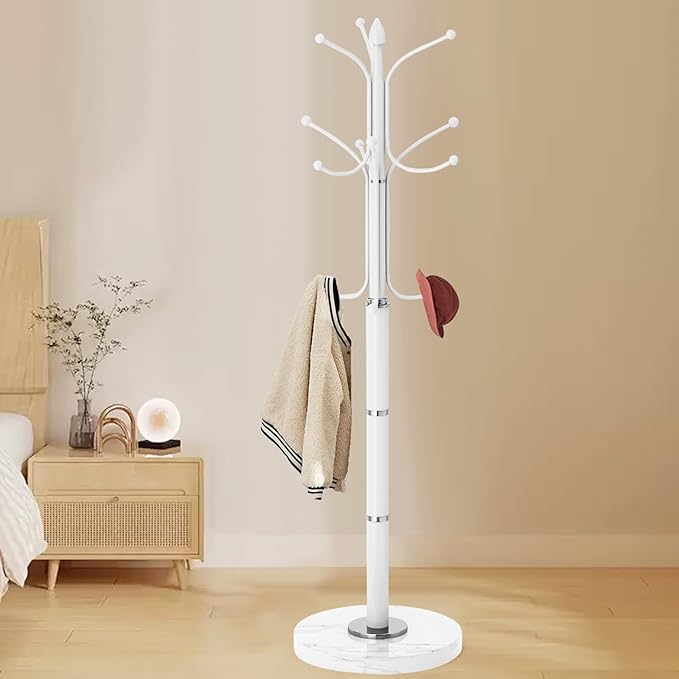 Metal Coat Rack Freestanding, Sturdy Coat Rack Stand with Natural Marble Base, White Coat Racks Tree Hats Hanger Holder Stand for Entryway, Hallway(12 Hooks)