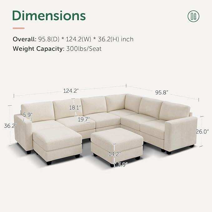 HONBAY Corduroy Sectional Couch with Storage U Shaped Sectional Sofa Modular Sectional Couches for Living Room, Beige