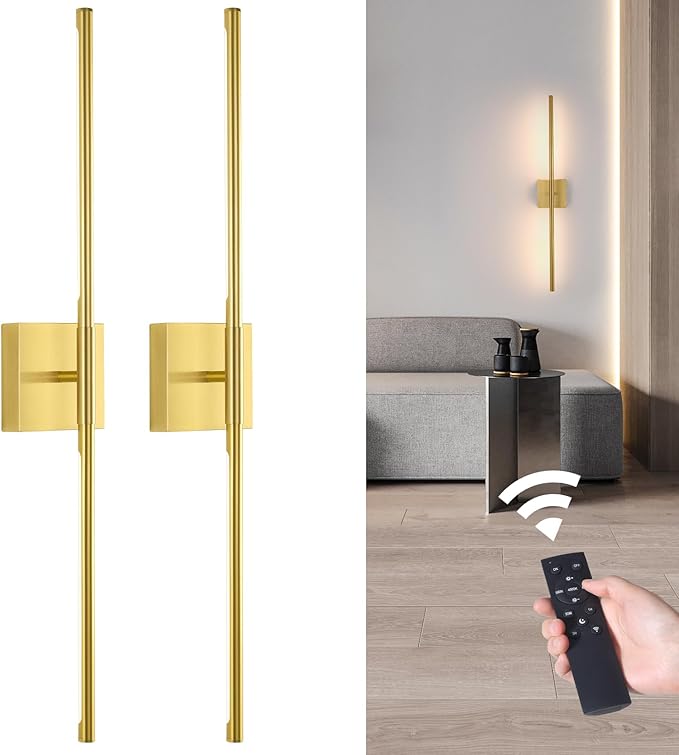 Battery Operated Wall Sconce Set of 2, 10400mAh Rechargeable Wall Sconces, 3000K-6000K Dimmable, 350°Rotate, Indoor Wall Lights for Bedroom Living Room Bathroom, Gold, 31.5 Inch