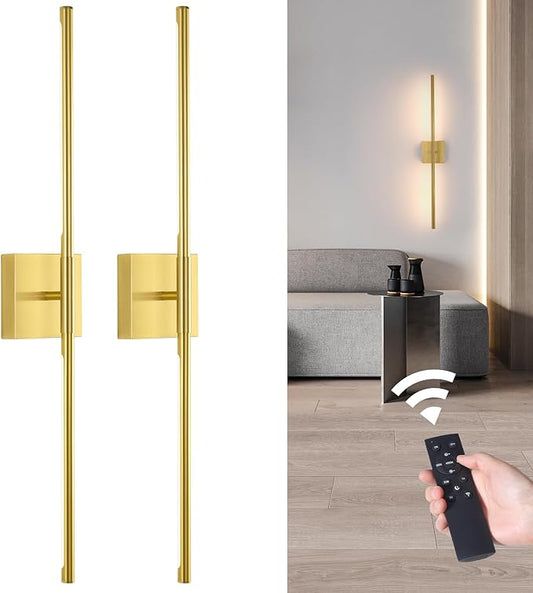Battery Operated Wall Sconce Set of 2, 10400mAh Rechargeable Wall Sconces, 3000K-6000K Dimmable, 350°Rotate, Indoor Wall Lights for Bedroom Living Room Bathroom, Gold, 31.5 Inch