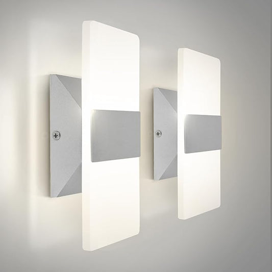 ASD 8 Inch LED Indoor Wall Sconce - Modern Interior 10W 120V 2700K-5000K Adjustable Dimmable Wall Mounted Light Fixtures, Acrylic Glass Wall Lights for Stairway, Hallway - ETL, Brushed Nickel 2 Pack