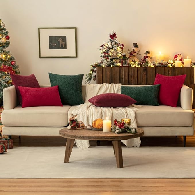 MIULEE Pack of 2 Couch Throw Pillow Covers 16x16 Inch Soft Wine Red Chenille Pillow Covers for Sofa Living Room Solid Dyed Pillow Cases