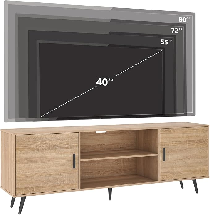 AUXSOUL Mid Century Modern TV Stand - 70" for 75" TV, Wood with Storage, Entertainment Center for Living Room & Bedroom, Media Console, Oak