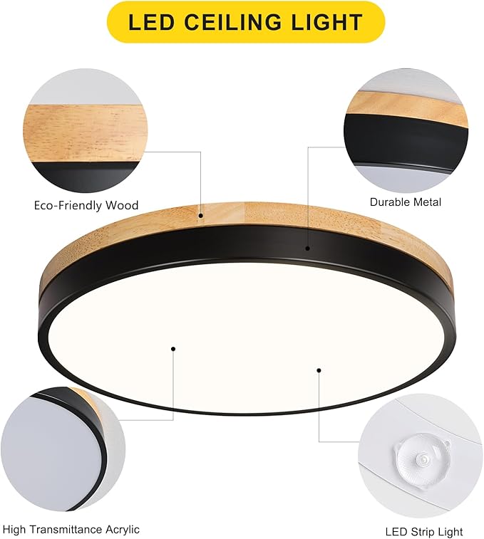Modern Wood Ceiling Light,Round LED Flush Mount Ceiling Light,Minimalist Ceiling Lamp Black Ceiling Lighting Fixtures for Kitchen Bedroom Laundry Room Living Room Entryway Hallway&11.81 in