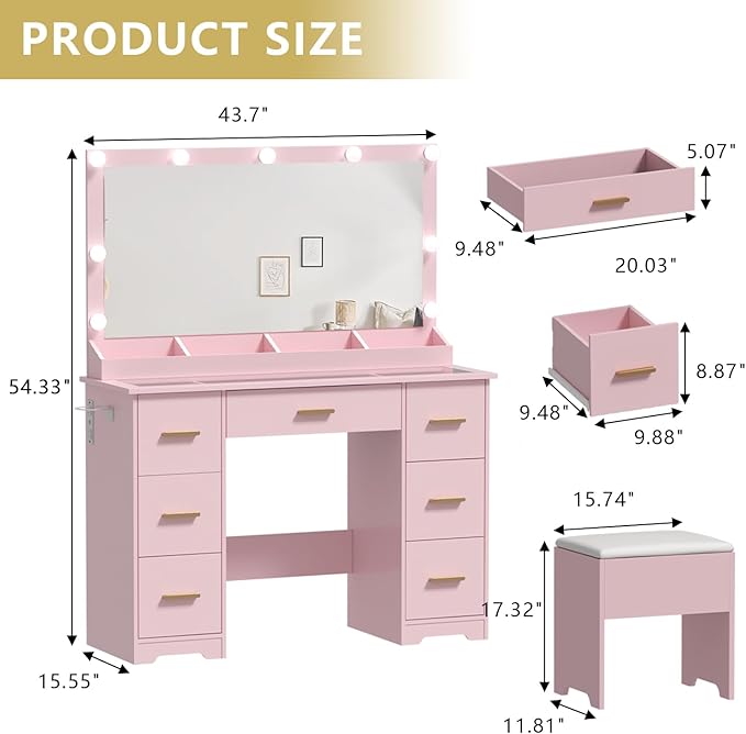 Makeup Vanity Desk with Large Lighted Mirror and Lights, Glass Top Vanity Table Set with 7 Drawers, Power Outlet & Storage Stool, Dressing Table with RGB Ambient Light for Women Girls Bedroom, Pink
