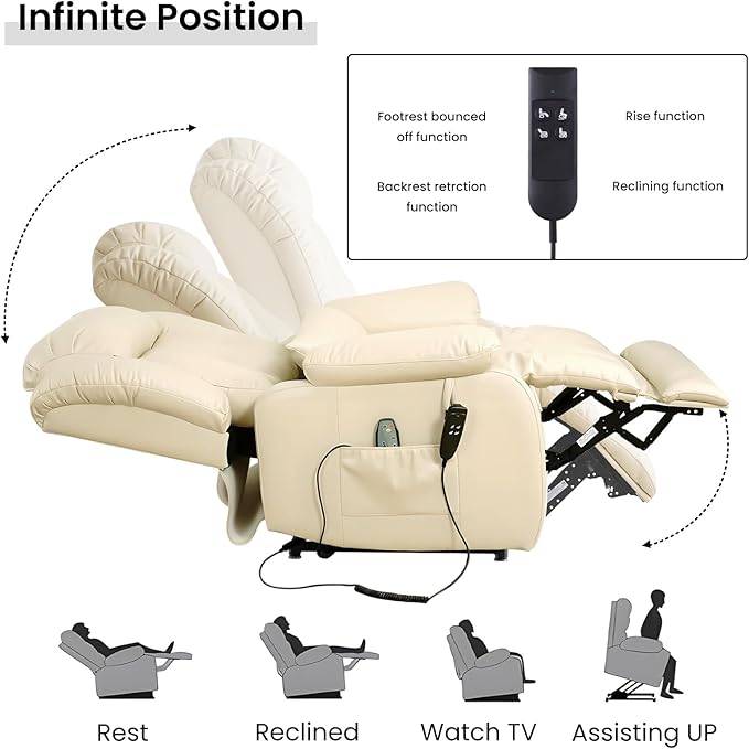 TEKAMON Power Lift Recliner Chair for Elderly with Heat & Massage, Dual Motor Genuine Leather Recliner, Lay Flat Sleeping Chairs with Infinite Position, RemoteControl(Beige, Extended)