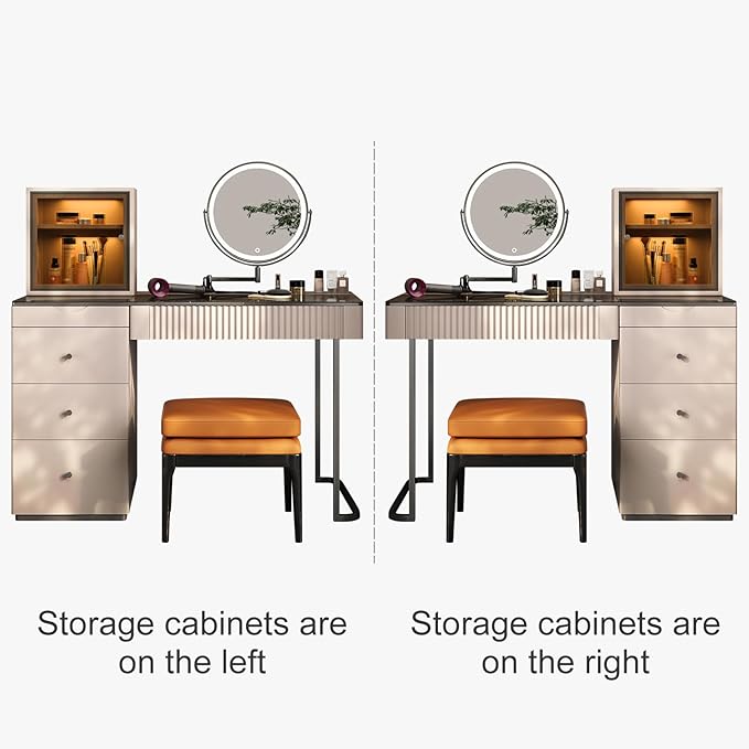 Lartis Vanity Desk with Mirror and Lights | Makeup Vanity Table with Stool Dressing Table with Drawers Vanity with Lighted Mirror and Side Cabinet for Bedroom