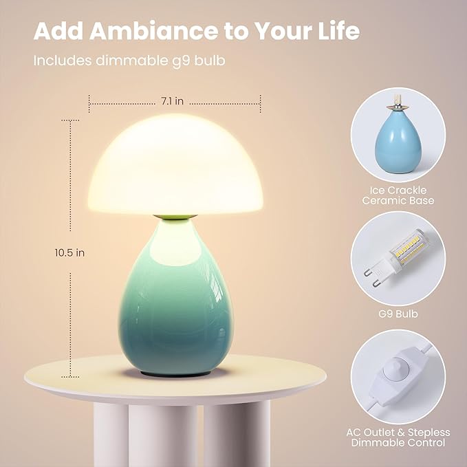 Mushroom Side Table Lamp, Mini Modern Lamp Small Vintage Table Bedside Nightstand Light, Small Light Dimmable for Bedroom, Living Room, Ceramic Base Glass Led Home Decor for Woman Gifts