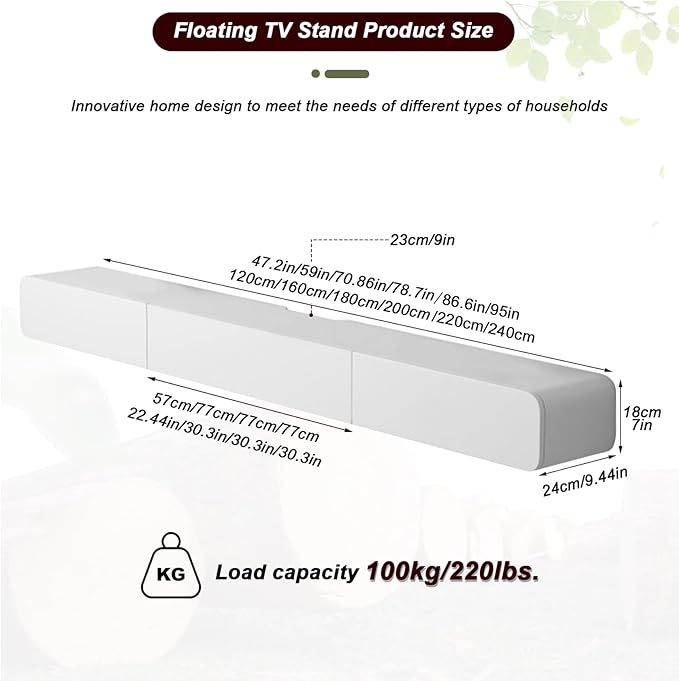 FPIGSHS Wall Mounted Media Console with 2 Drawers Solid Wood Floating TV Stand Hanging TV Shelf Entertainment Center TV Cabinet, for Home Office (A, 220CM/86.6IN)