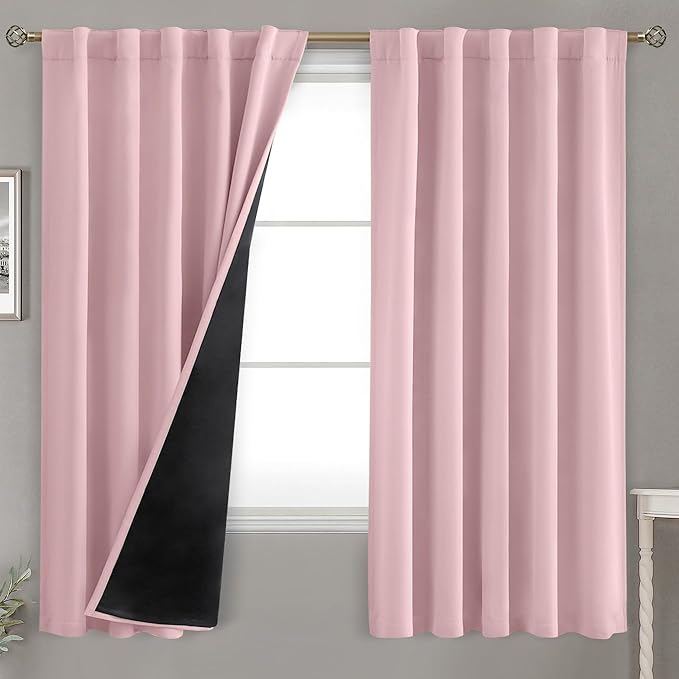 BGment Pink 100% Blackout 63 Inch Curtains 2 Panel Set with Black Liner, Rod Pocket and Back Tab Double Layer Thermal Insulation Room Darkening Light Blocking Window Curtain for Bedroom, 42 x 63 Inch