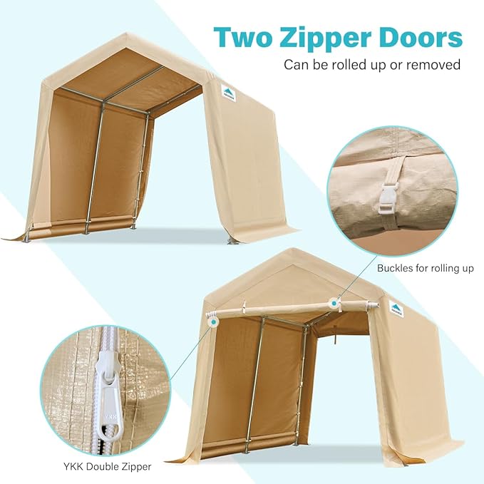 ADVANCE OUTDOOR 8X14 ft Steel Metal Peak Roof Portable Garage Shelter Storage Shed Carport for Motorcycle Bike or Garden Tools with 2 Roll up Doors & Vents, Beige