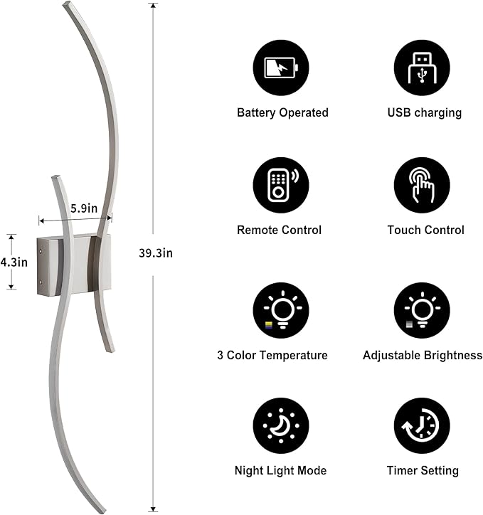 Battery Operated Wall Sconces Set of Two with Remote Control, Stepless Colors 3000K-6000K & Dimming, LED Nickel Wireless Wall Light for Living Room, Hallway, Bedroom, 39.3 Inch (2 Pack)