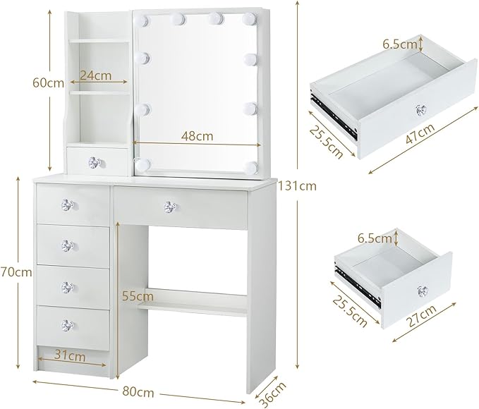 Girls Vanity Set, 3 Color Modes, 5 Storage Drawers 6 Cabinets Makeup Table with Mirror and Lights, White Dressing Table with Cushioned Stool for Home and Bedroom