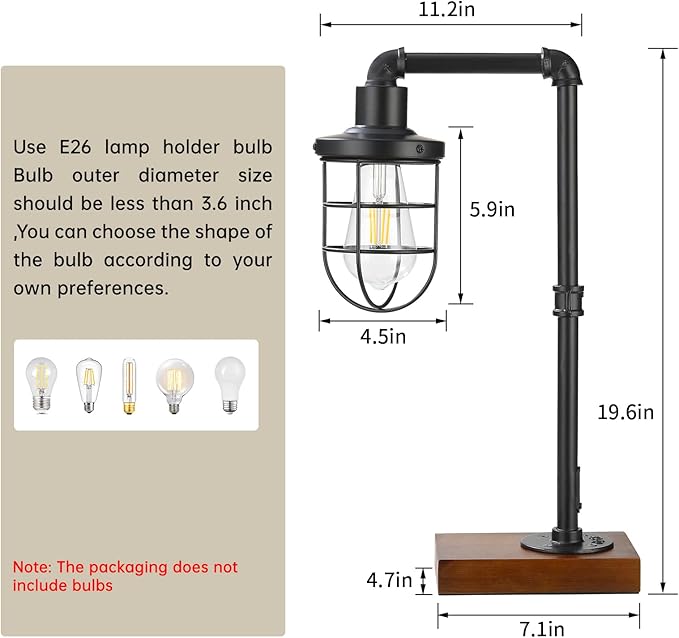 CONCA Steampunk Industrial Lamp, E26 Base Rustic Edison Light with Caged Wood Base and Iron Tube (Black)