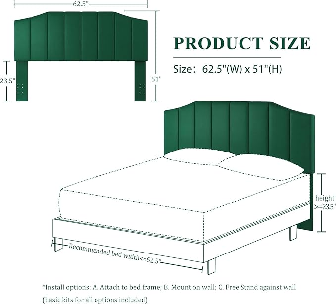 Velvet Queen Size Headboard, Upholstered Headboard Queen/Full Size Wall Mount and Bed Frame Mount, Featuring High-Density Sponge Padding Luxury Texture Easy Assembly Comfort Style-Jade