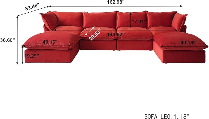 JACH U-Shaped Couches for Living Room, Convertible Sectional Sofa, Modern Deep Seat Soft Cloud Couch, Modular Sectional Sofas with Two Ottomans for Living Room, Apartment (Red)
