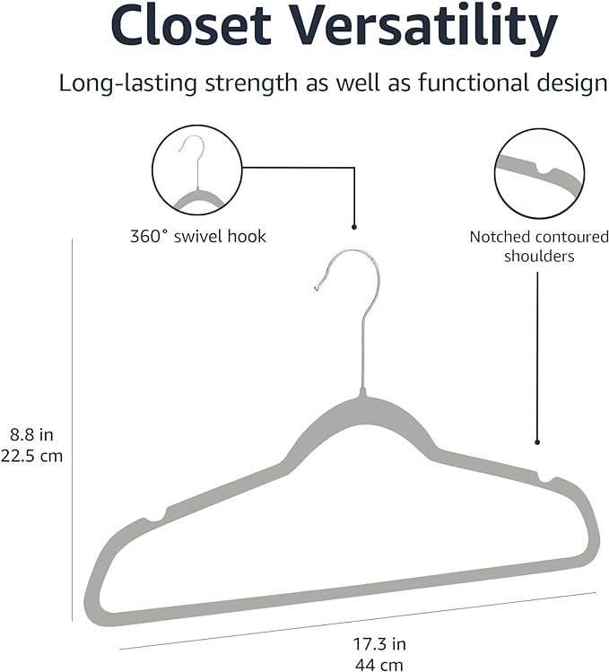 Amazon Basics Slim, Velvet, Non-Slip Suit Clothes Hangers, Gray/Silver - Pack of 50