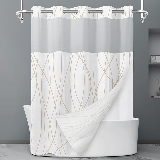 No Hook Beige Khaki Striped Shower Curtain with Snap in Liner Set - Hotel Shower Curtain and Liner Set with See Through Mesh Top Window,Machine Washable, 71x74 INCH