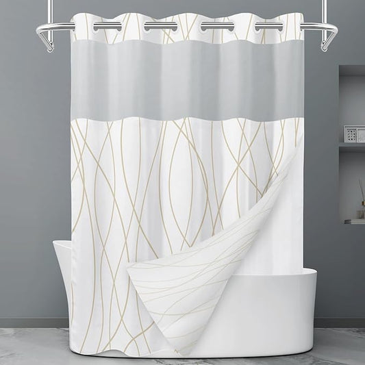 No Hook Beige Khaki Striped Shower Curtain with Snap in Liner Set - Hotel Shower Curtain and Liner Set with See Through Mesh Top Window,Machine Washable, 71x74 INCH