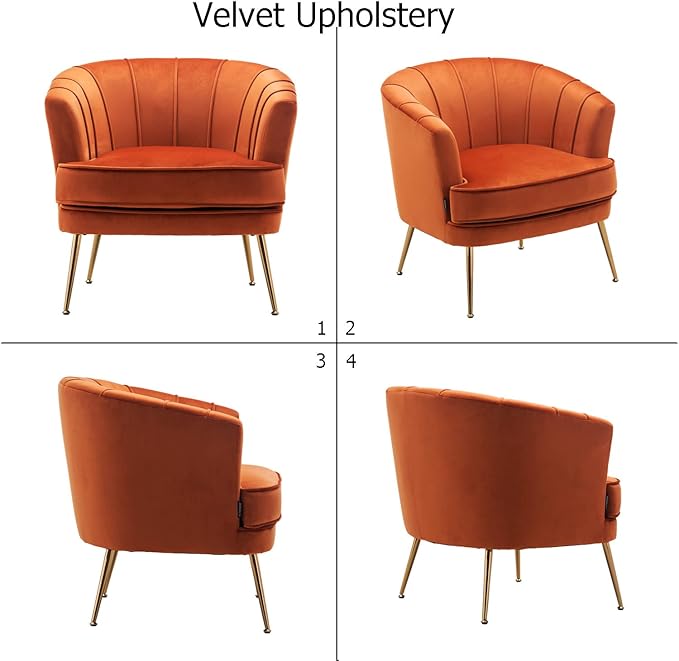 Velvet Barrel Accent Chair Comfy Club Armchair Modern Lounge Reading Chair with Gold Legs for Living Room/Bedroom, Caramel