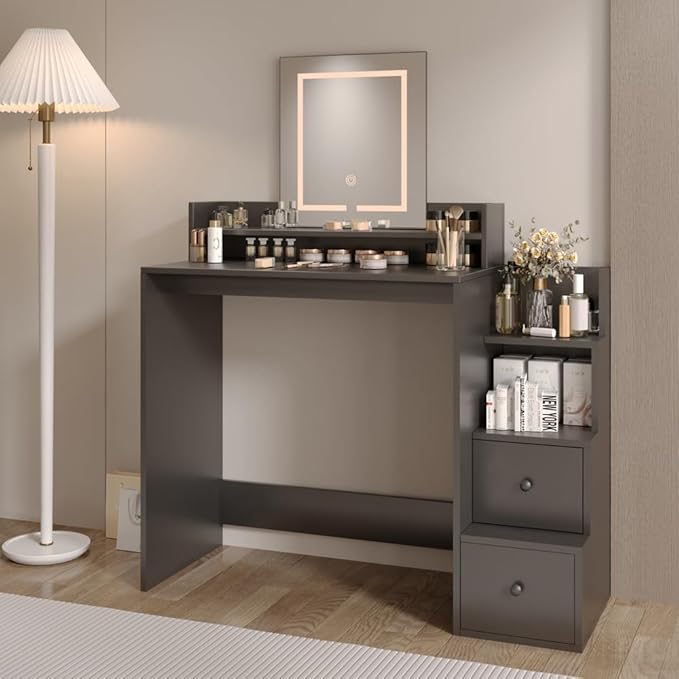 Vanity Desk with Mirror and Lights, Makeup Vanity Desk with Lights 3 Colors, Vanity Table with 2-Tier Shelves, Modern Black Dressing Table for Bedroom