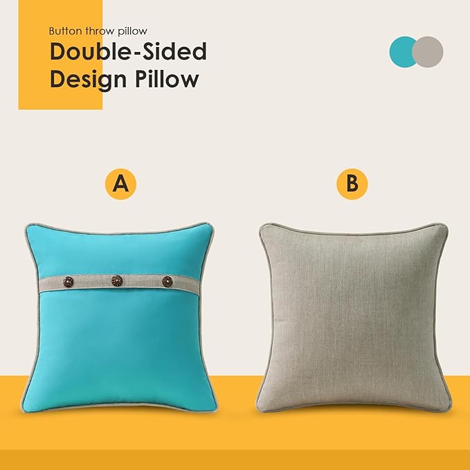 Outdoor Sunbrella Decorative Pillows with Triple Coconut Buttons Pack of 4, 16" x 16" Outdoor Pillow Set for Couch Bed Throw Patio Sofa, Canvas Aruba/Cast Ash