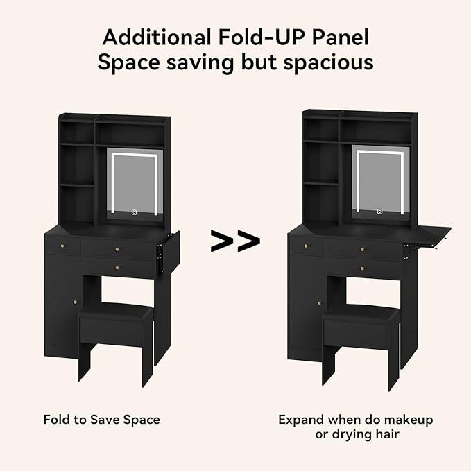 ARTETHYS Vanity Desk with Mirror and Lights Black Makeup Vanities Set with Storage Chair Dressing Table with Drawer and Fold-up Panel for Bedroom