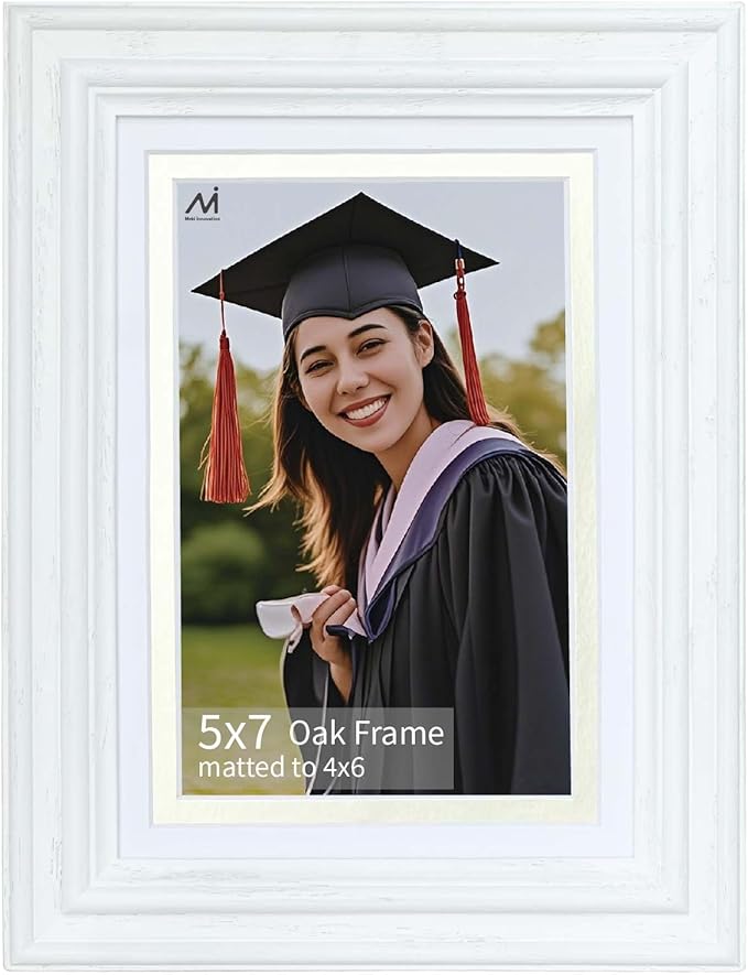 5x7 picture Frame for Wall or Tabletop Oak Wood, 4x6 Picture Frame with Mat,5x7 Premium Photo Frame with Real HD Tempered Glass,Ideal for Home Decor, Art Gallery,White, 1 Pack