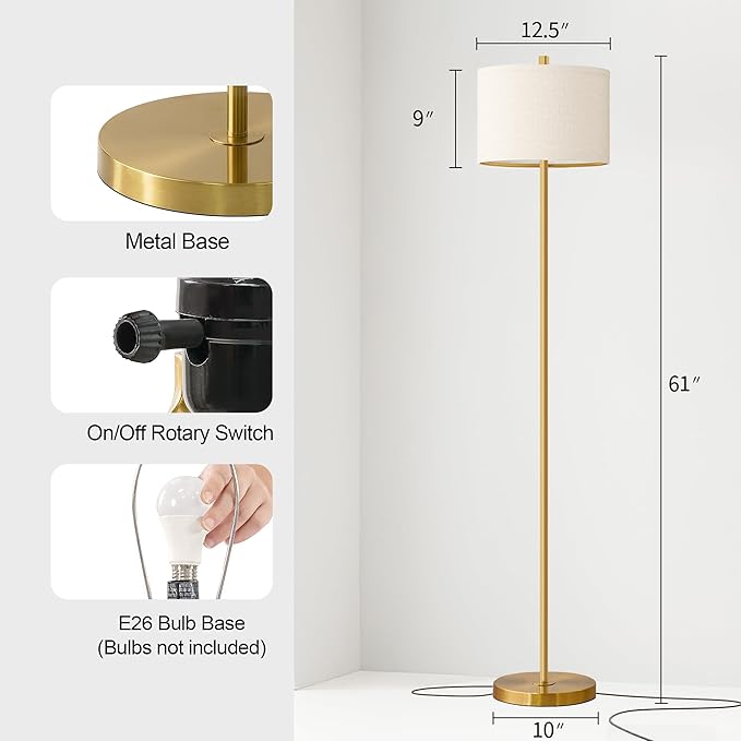 Oneach 61” Modern Floor Lamp for Living Room, Gold Standing Lamp with Natural Linen Lampshade, Rustic Industrial Corner Floor Lamp with Rotary Switch for Bedroom, Study Room, Dining Room