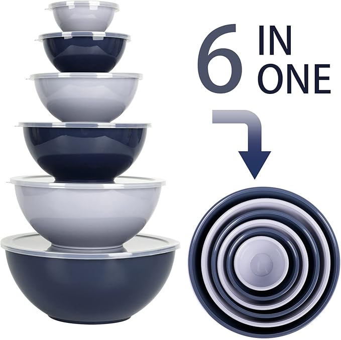 BoxedHome BPA Free Plastic Round Mixing Bowl with Lids, 12 Pack Nesting Bowls with Lids Set, Microwave and Dishwasher Safe Prep & Serving Bowls Great for Mixing, Baking, Serving (Haze Blue, 12pcs)