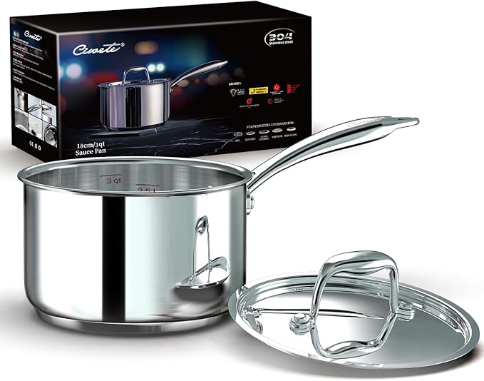 3 Qt Saucepan with Lid - Upgraded Package - 3 Quart 18/10 Stainless Steel Sauce Pan with Mirror Polishing and 2 Sacles, Induction Cookware, Small Pot for Cooking, Dishwasher Safe Oven Safe