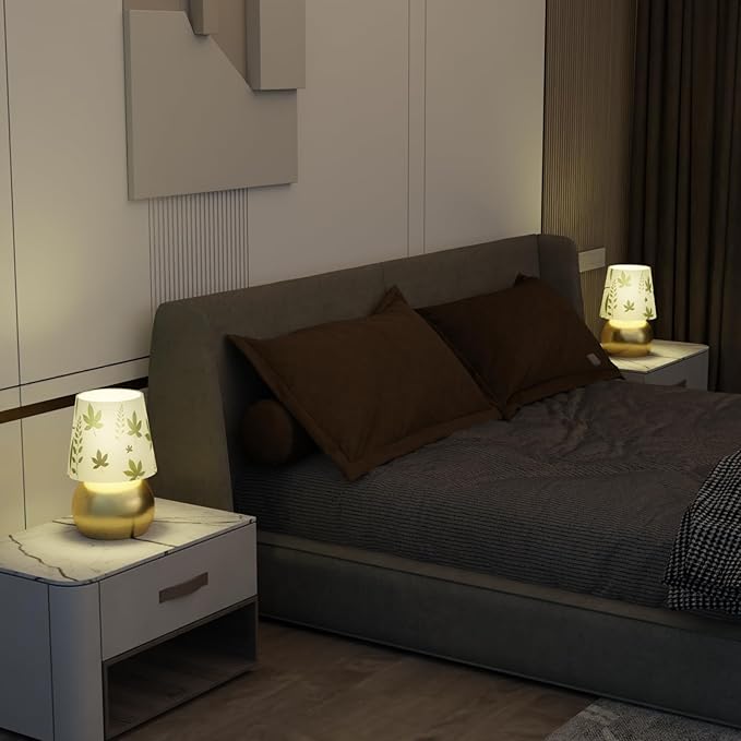 Set of 2 Small Gold Bedside Table Lamp with Maple Leaf Pattern Shade (Bulb Included)