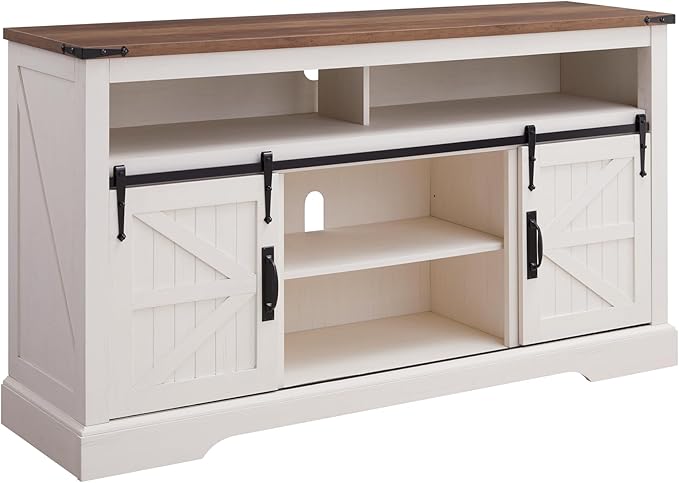 OKD Farmhouse Entertainment Center for 65+ Inch TV, 33" Tall Highboy TV Stand w/Sliding Barn Door, Rustic Wood Television Stand, Media Console w/Storage Shelves for Living Room, Antique White