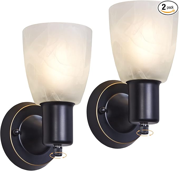 Wall Sconces Set of 2, Matte Black Vanity Lights for Bathroom, Modern Wall Light Fixtures with Rotary Switch, Wall Mount Light with Frosted Glass, Farmhouse Wall Lamp for Bedroom Mirror Living Room