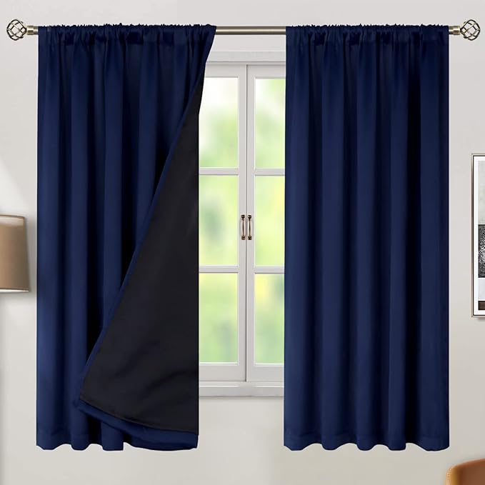 BGment Navy Blue 100% Blackout Curtains 63 Inches Long with Reducing Noise Liner, Rod Pocket and Back Tab Double Layer Full Room Darkening Window Curtain for Bedroom, 2 Panels, Each 52 x 63 Inch