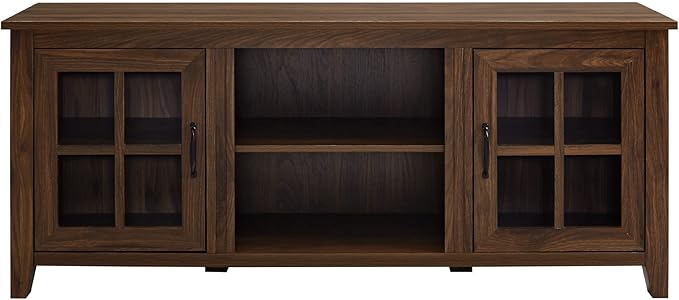Walker Edison Dakota Modern Farmhouse 2 Glass Door Stand for TVs up to 65 Inches, 58 Inch, Dark Walnut