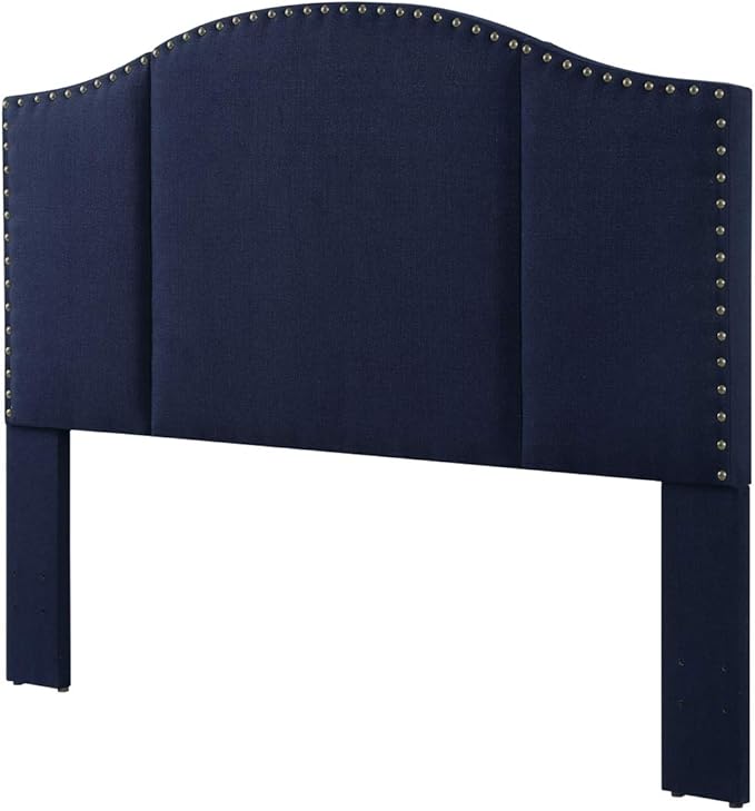 24KF Middle Century Linen Upholstered Tufted Queen Size Headboard with Antique Brass Nails Queen/Full headboard -Navy Blue
