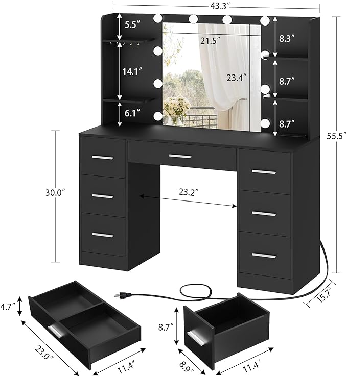 Large Makeup Vanity, 42.1" Vanity Desk with Mirror and Lights, Makeup Vanity Table with 7 Drawers, 4 Shelves, 5 Jewel Hooks & Power Strip, Vanity Desk Set for Bedroom, White