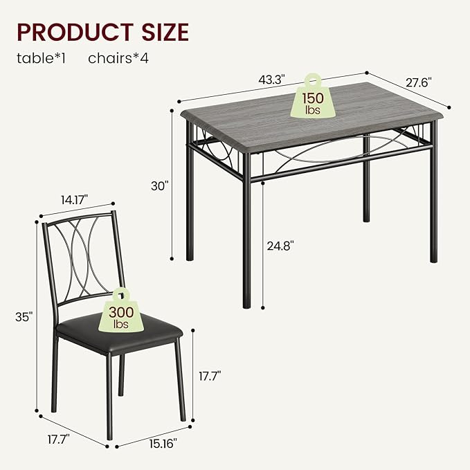 Dining Table Set for 4, Compact Kitchen Table with 4 Upholstered Chairs, 5-Piece Kitchen Table Set for Small Space, Dining Room, Apartment, Retro Gary