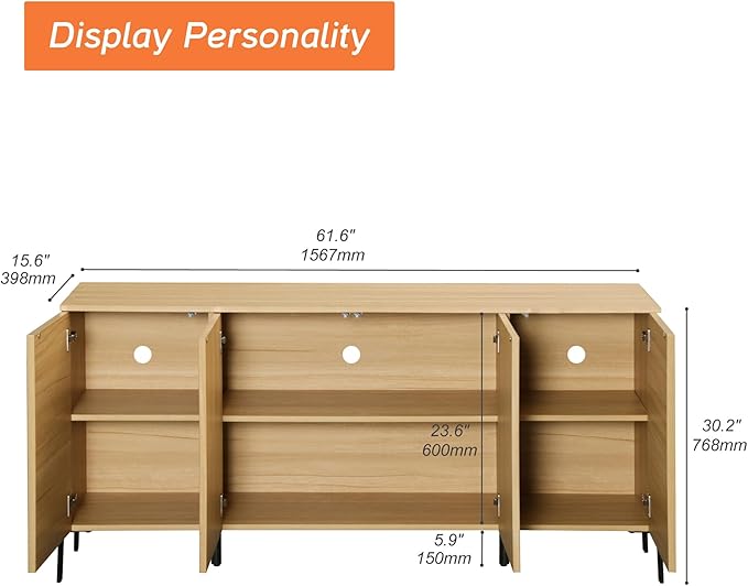 WAMPAT 61.6" TV Stand Cabinets for TVs up to 75 Inches, Entertainment Center with Storage Cabinets and 4 Doors, Mid Century Modern Media TV Console Table for Living Room Bedroom, Oak