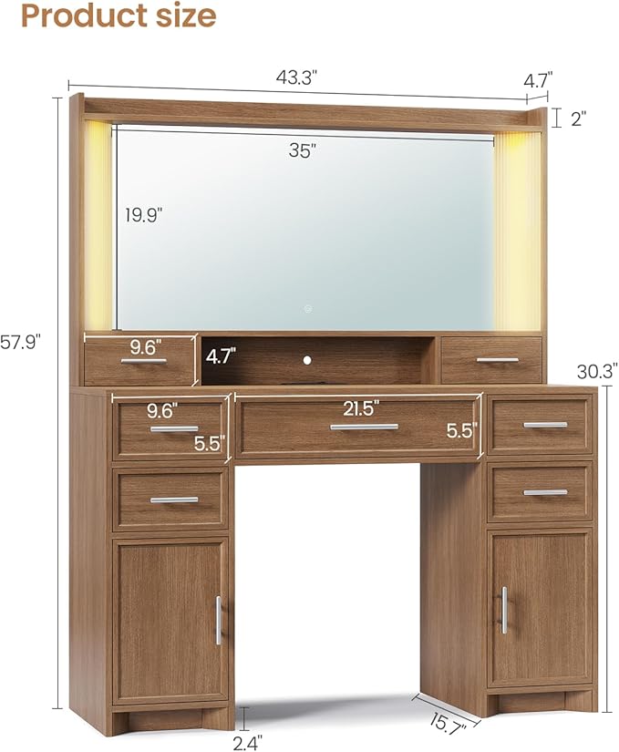 AOGLLATI Vanity Desk with Mirror and Lights, Makeup Vanity Desk with Lights, Large Mirror with Charging Station and 3 Color Lightbox, White Vanity Table with 7 Drawers for Bedroom, Dark Brown