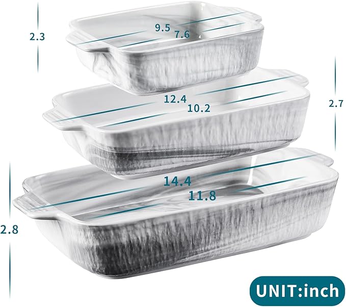 Yundu Grey Ceramic Bakeware Set of 3, Baking Pans Set, Casserole Dishes for Oven, Rectangular Lasagna Pans Deep with Handles for Baking Cake Kitchen(9.5"/12.4"/14.4")