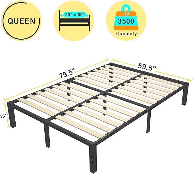 ROIL 18 inch Queen Size Bed Frame with Wood Slats - 3500lbs Heavy Duty No Box Spring Needed Platform, Mattress Stoppers Double Metal Noise Free Bedframe with Headboard Hole
